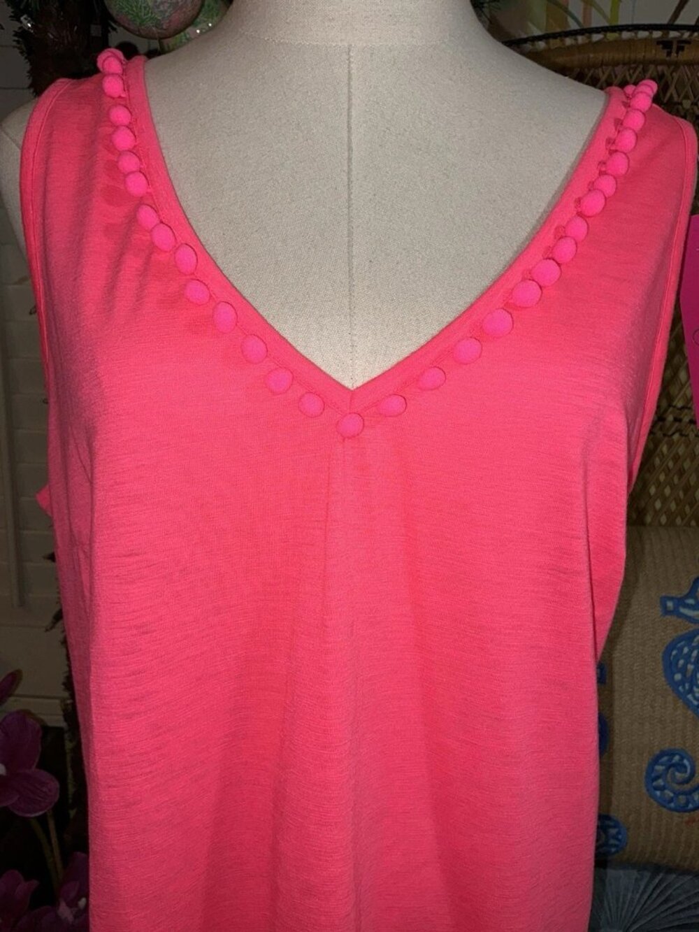 Lilly Pulitzer, Gigi, Pom Pom Trim with V-Neck. Pink, Size XL